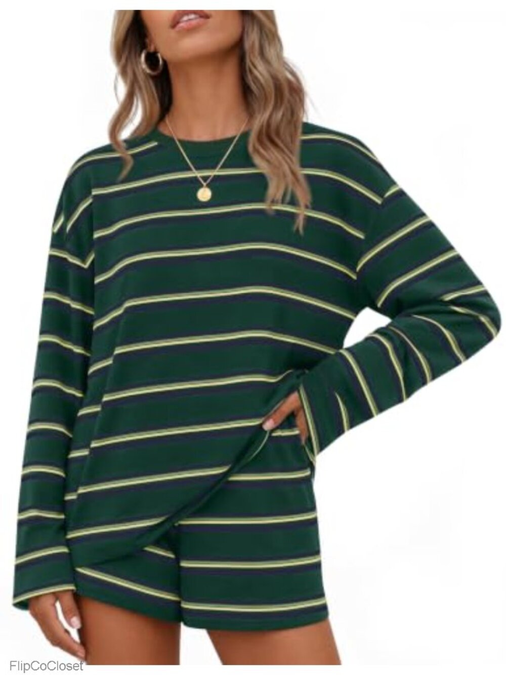 Womens 2 Piece Viscose Elastane Striped Lounge Set Long Sleeve Top Shorts